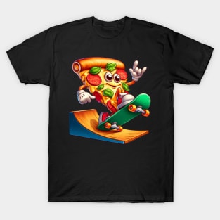 Rock On Skateboarding Pizza – Cheesy Thrill-Seeker Sticker T-Shirt